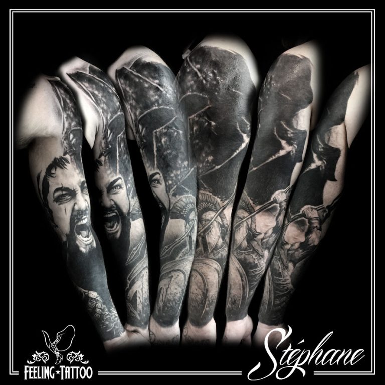 Tatouage - Manchette bras complet en noir et gris thème spartiates 300 (cicatrisé)